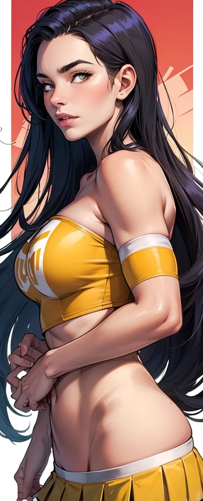 muscular toned body bodybuilder huge breasts black hair yellow eyes angry 1girl dress cowboy shot very long hair pale skin