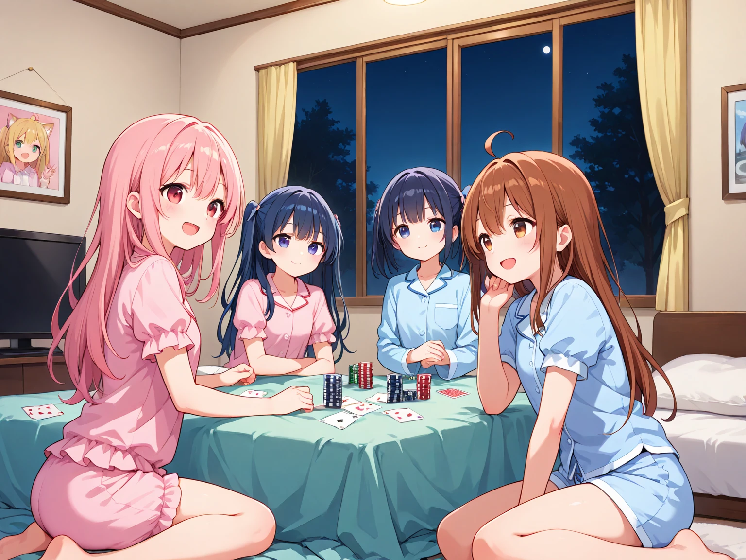 A kotatsu in the middle of the desert、Four girls playing strip mahjong at the kotatsu、A girl in pretty pink underwear、Girl undressing