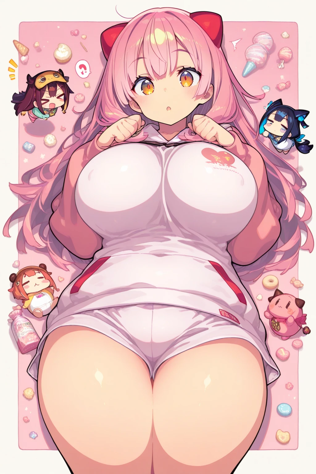High resolution, extremely detailed, masterpiece, 1girl, long pink pigtails, pink eyes, round face, extremely adorable, premature body, small, short, very cute race, big eyes, ultra cute, simple 