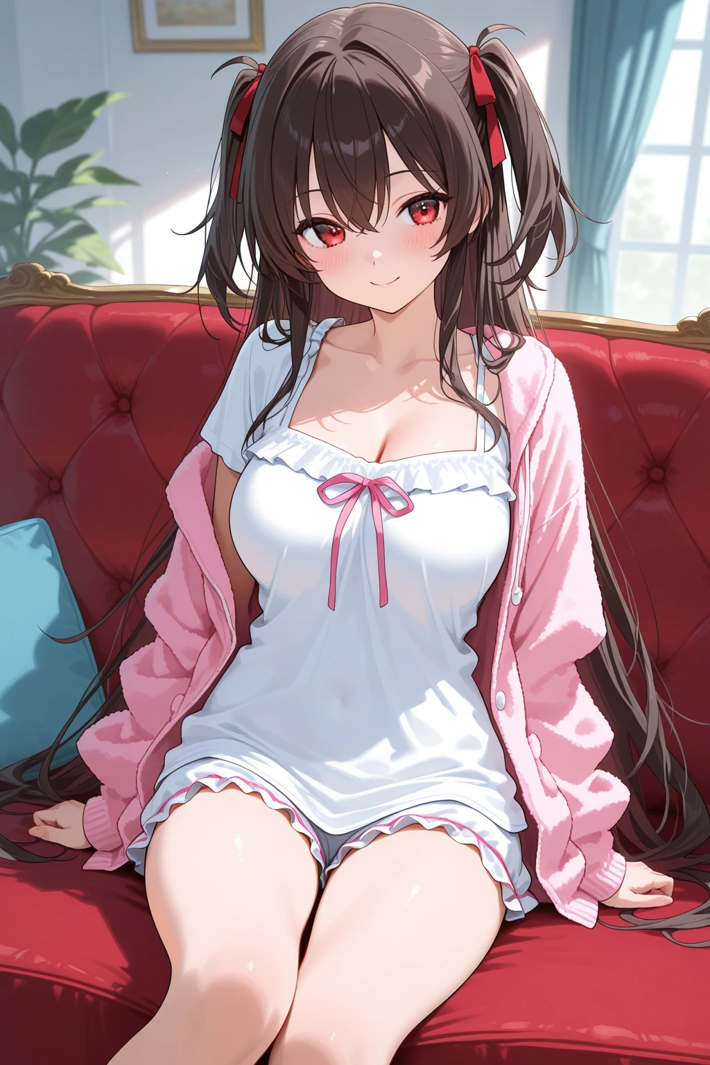 (masterpiece、highest quality、High resolution、realistic pictures、real looking skin:1.1), (She is wearing a fluffy gray mini knit dress..:1.1), (There is a small gap in the chest of that dress.、I can see the cleavage.:1.5), 1 Japanese woman, beautiful eyes, shining eyes, brown hair, medium long hair, OL, (I&#39;Iはソファに膝を合わせて座っています:1.8), (both hands on the sofa: 1.5), (fancy pattern panties: 1.5), (provocative and grinning expression:1.5), (The location is the sofa in the living room of the apartment..:1.5), NSFW