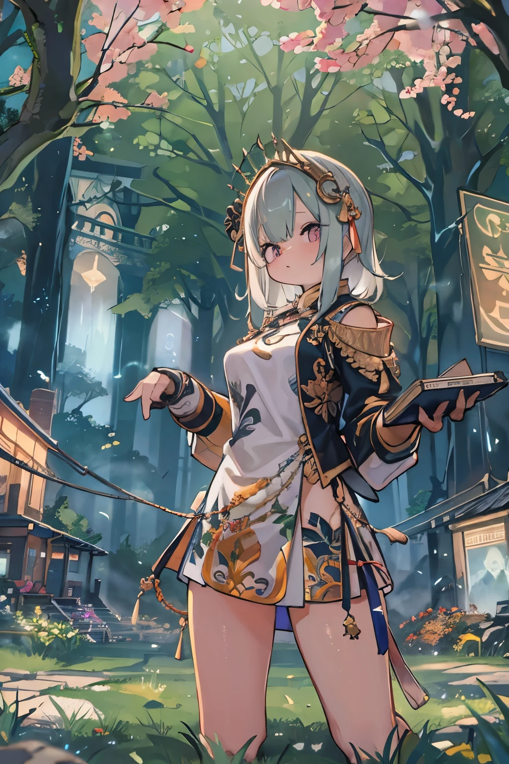 Octane Render、(Hyper-detailing: 1.15)、cinematic lightening、Taken from behind、Cute Fantasy Princess、Handgun shooting practice、Fine Pattern Pistol,long boots、ultradetailed eyes、Full Paint、(Floral hair ornament、butterfly hair ornament)、masutepiece、Anatomically correct、blur、depth of fields