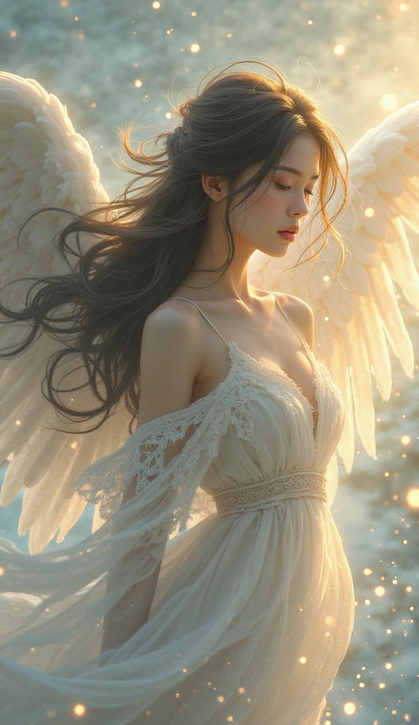 Woman with black hair, white skin, dark blue eyes and angel wings