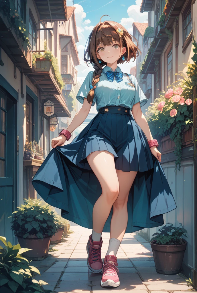 a3r1th, aerith multi view upper body, upskirt view, legs together, a3r1th, peeing, peeing herself, her own urine is trickling down her legs, perfect female figure, Aerith Gainsborough, holding small flower basket, peeing down her legs, green eyes, surrounded by other people, standing in very busy midgar city street, sunny, choker, cropped jacket, hair bow, bracelet, long pink dress, brown ankle boots, looking down nervously, shy, embarrassed, aroused, shocked, panicking, worried, outdoors, a small puddle of her own urine is forming around her feet on the dry ground, very desperate to pee, wetting herself, urination, legs crossed, rape face, full-face blush, high detail, Realism, Hyperrealism, three sided view, multiple views, perspective, ccurate, masterpiece, highres, UHD, anatomically correct, super detail, best quality, highres, 8k