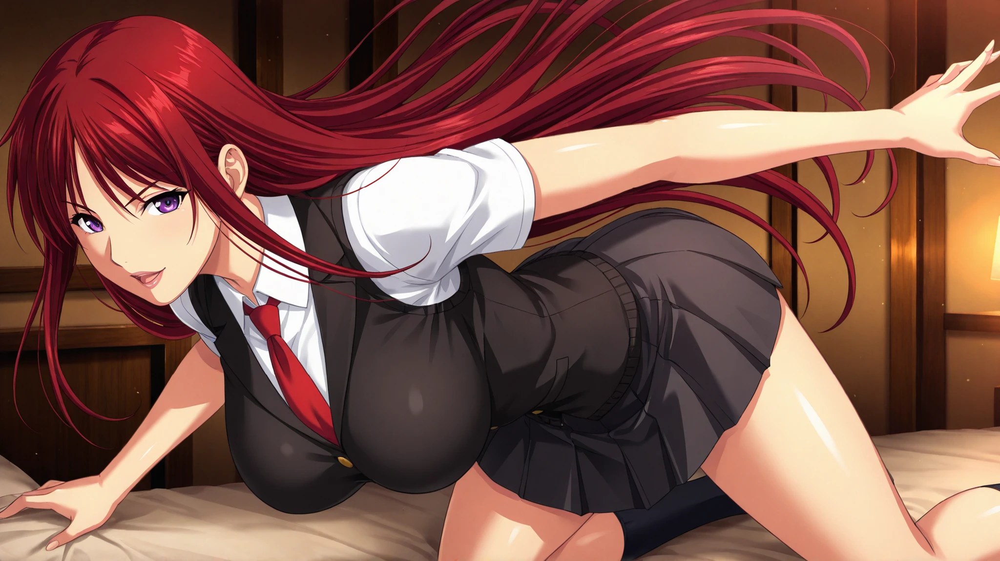 masterpiece, best quality, 1girl, long hair, looking at viewer, :3, cute, black school uniform, outdoors, streets, cowboy shot, large breasts, curvy, (((blue eyes))), rias gremory, red hair, antenna hair, wavy hair, ((beautiful detailed eyes, beautiful detailed glow, lots of glow)), anime screencap,