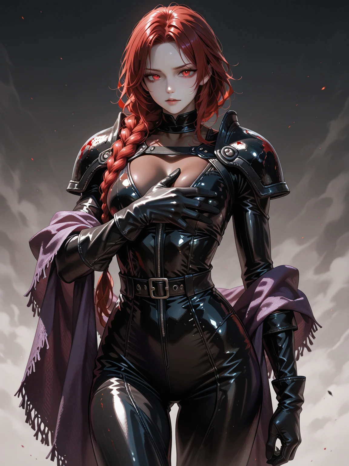 a woman with red lipstick has armor on and is holding a sword, kirijou mitsuru, 1girl, solo, hair over one eye, long hair, (((red hair))), (((red eyes))), weapon, rapier, sword, bodysuit, black bodysuit, grey bodysuit, hand on hip, (((large breasts))), simple background, white background, (purple theme:1.2)