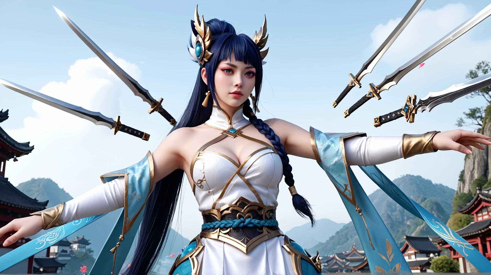 amazing quality, sword holding girl, Vietnamese, IreliaDivineSPXL, The face of Juri Khan, blue eyes, blue hair, long hair, ponytail, twin braid, bangs, hair ornament, big breasts, bare shoulders, cleavage, white dress, detached sleeves, white sleeves, skirt, Multiple swords, 6 swords standing in the air, Gold Embroidered Sword, multicolored sword, gradient sword