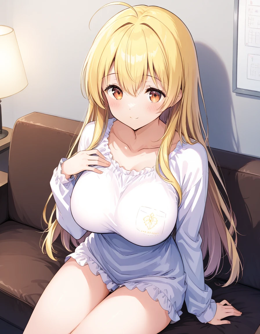 4K, High definition, Ray tracing, Living room, sofe, 1 girl, Elementary school girl, Extra-long blonde hair, Blue eyes, Loli, Huge breasts, cleavage, Nipple shape, Drowsiness, rubbing eyes, Yawning, saliva, half closed eyes, Open mouth, wariza/W-sitting, Open oversized men's shirt, Naked lower body, Bare legs, Barefoot, Petite body