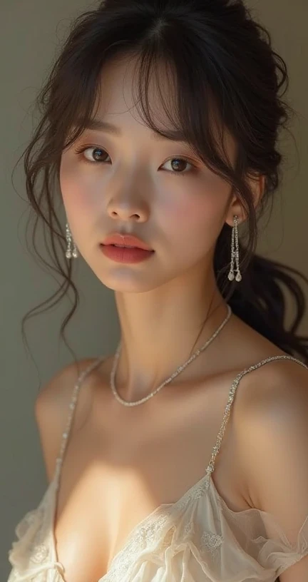 White Background、Professional Lighting、(((Professional Lighting 1.5)))、Translucent skin texture、Beautiful Skin、Beautiful Skin、、(((Whitening 1.5)))、White bra、See through、、Ecstasy of Musical Notes、((White bra1.5))、See through1.5、Bust up photo、Simple earrings and necklace、Fluttering Hair、