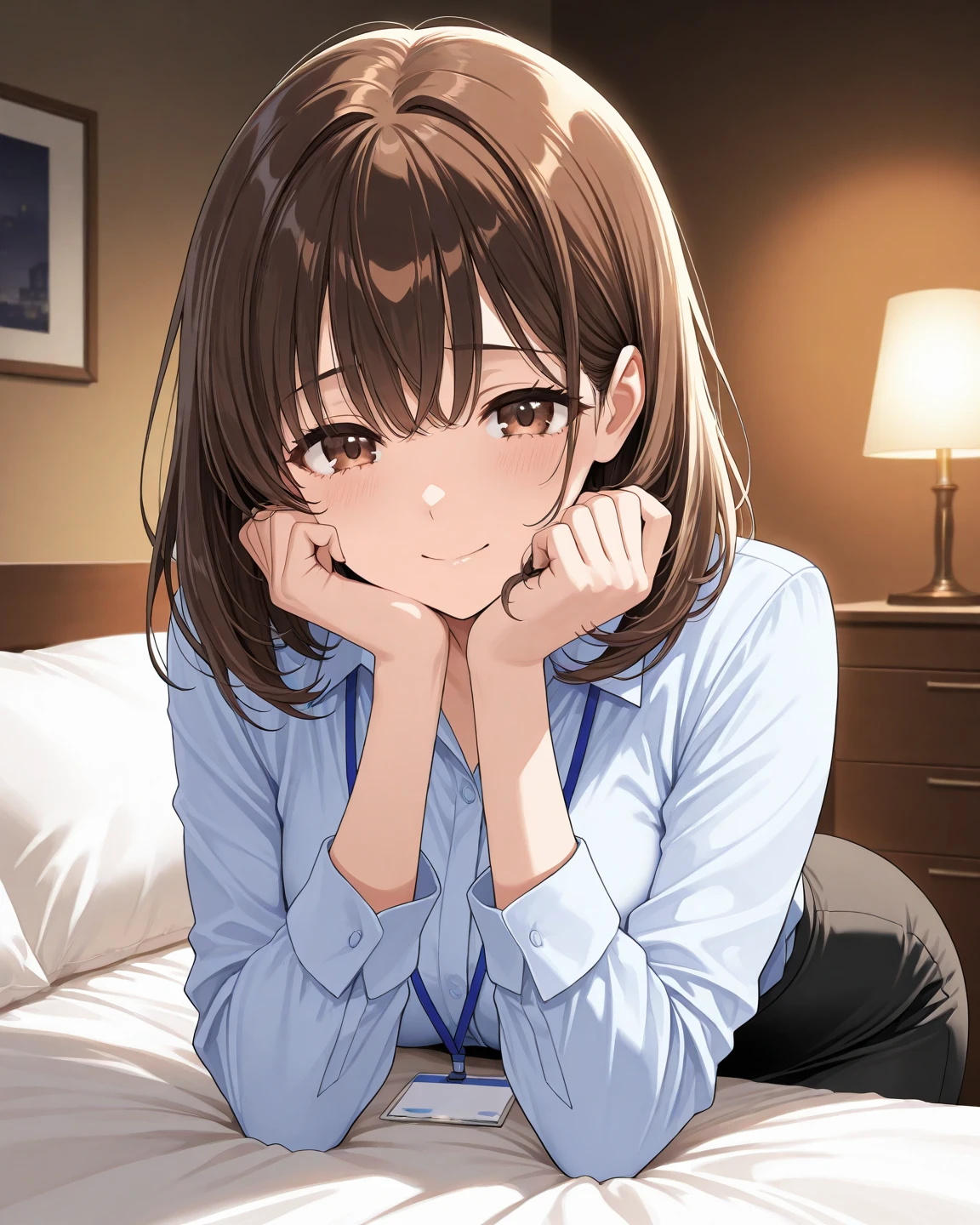(masterpiece,Illustration Awards:1.3),Professional work,anime,Detailed face,Detailed Description,Blue tones,(Darker Room:1.3),From below,1girl,pov,perspective,Depth of Field,(Closest Face:1.5), BREAK Brown hair,Two Side Up,(Teasing smile:1.3),Office Shirt,pajamas,Cleavage,large breasts,Thighs,(Half-open eyes,Squint eyes:1.3),(Petite,loli),onbed,On all fours,Looking down, BREAK Saddled on a man's stomach,The face of the girl straddling my belly and staring at me is closest,Depth-aligned placement,