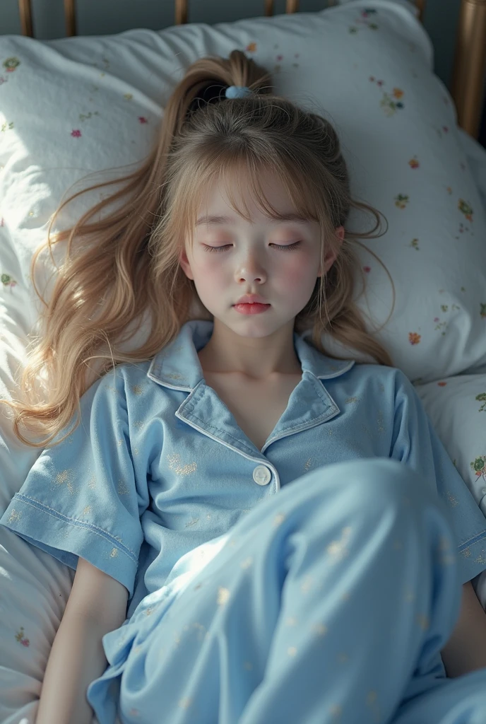 a young girl, blond hair, high long ponytail, laying on her bed, wearing blue shiny pajamas 