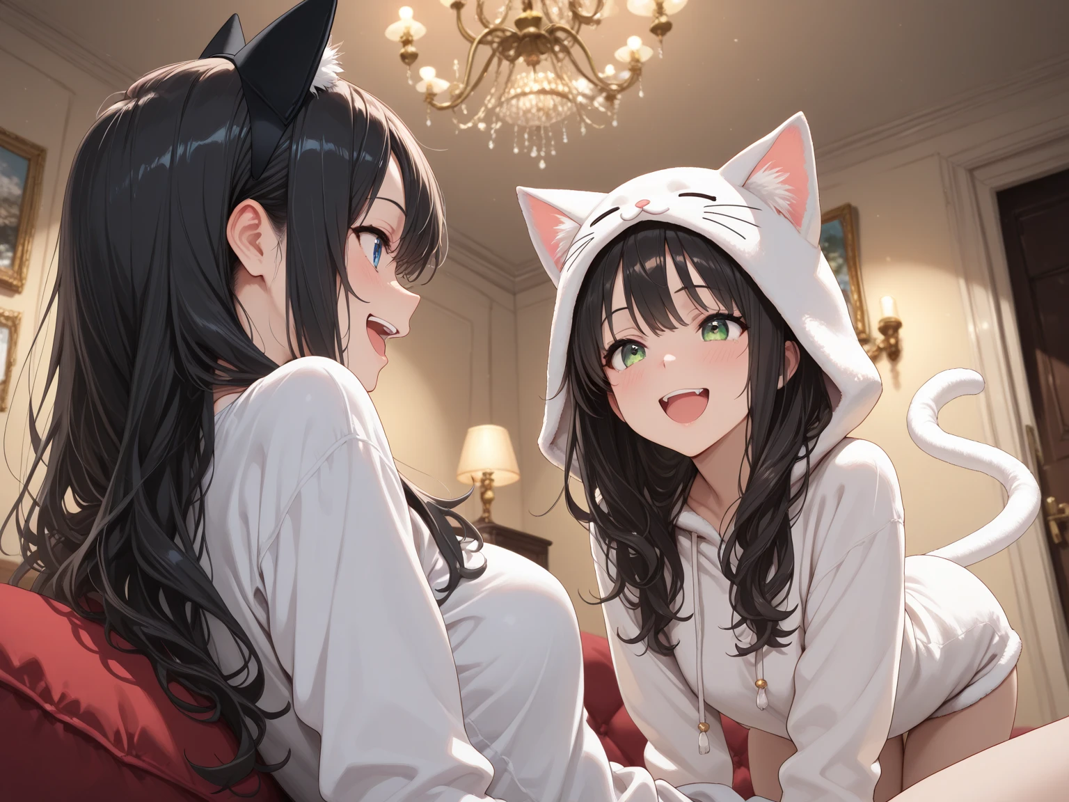 Colored hair, white pupils, green lips, red stockings, cat ears, male panda eyes
