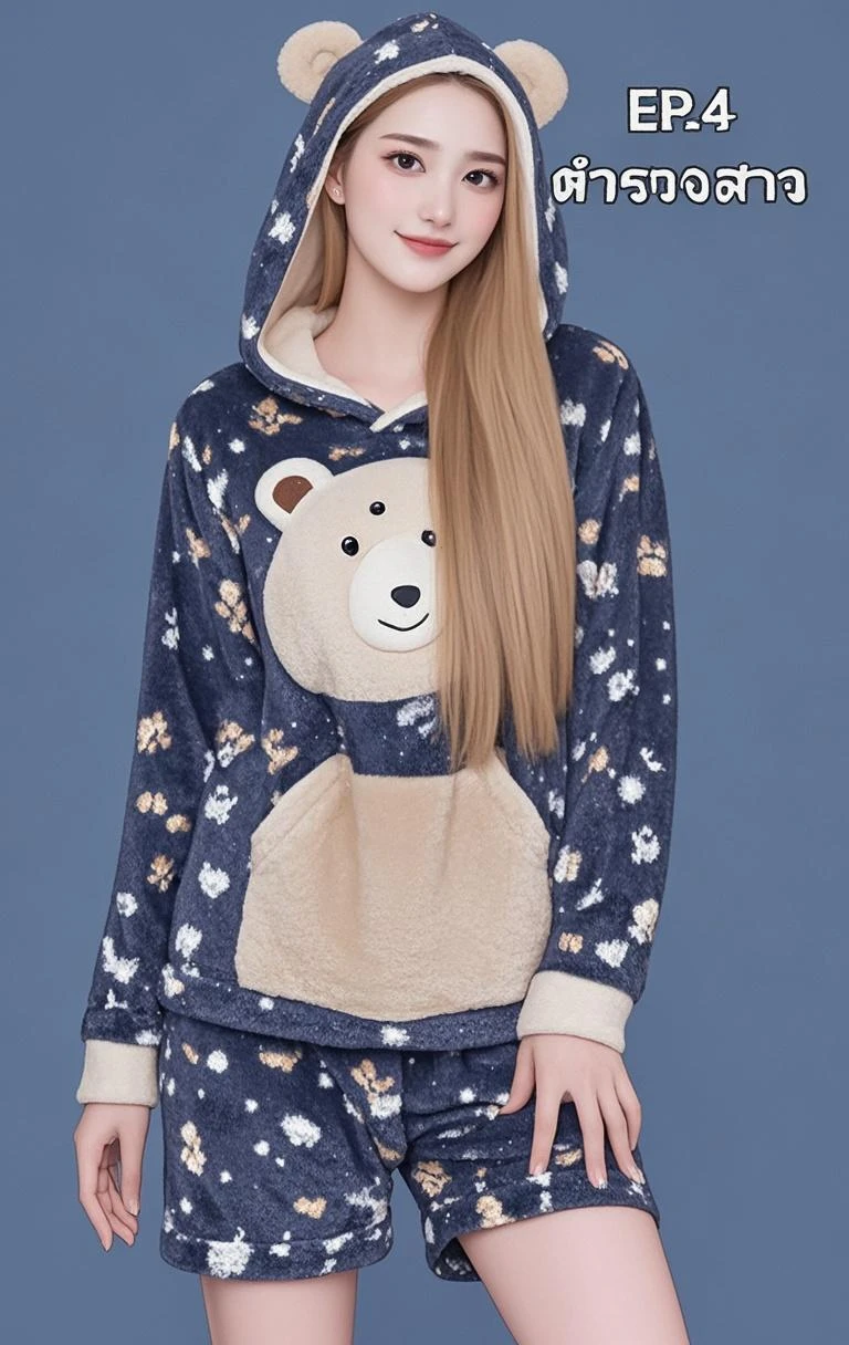girl wearing a bear plush hoodie with button eyes girl has pale skin green eyes and blond hair, (realistic ultra details), 