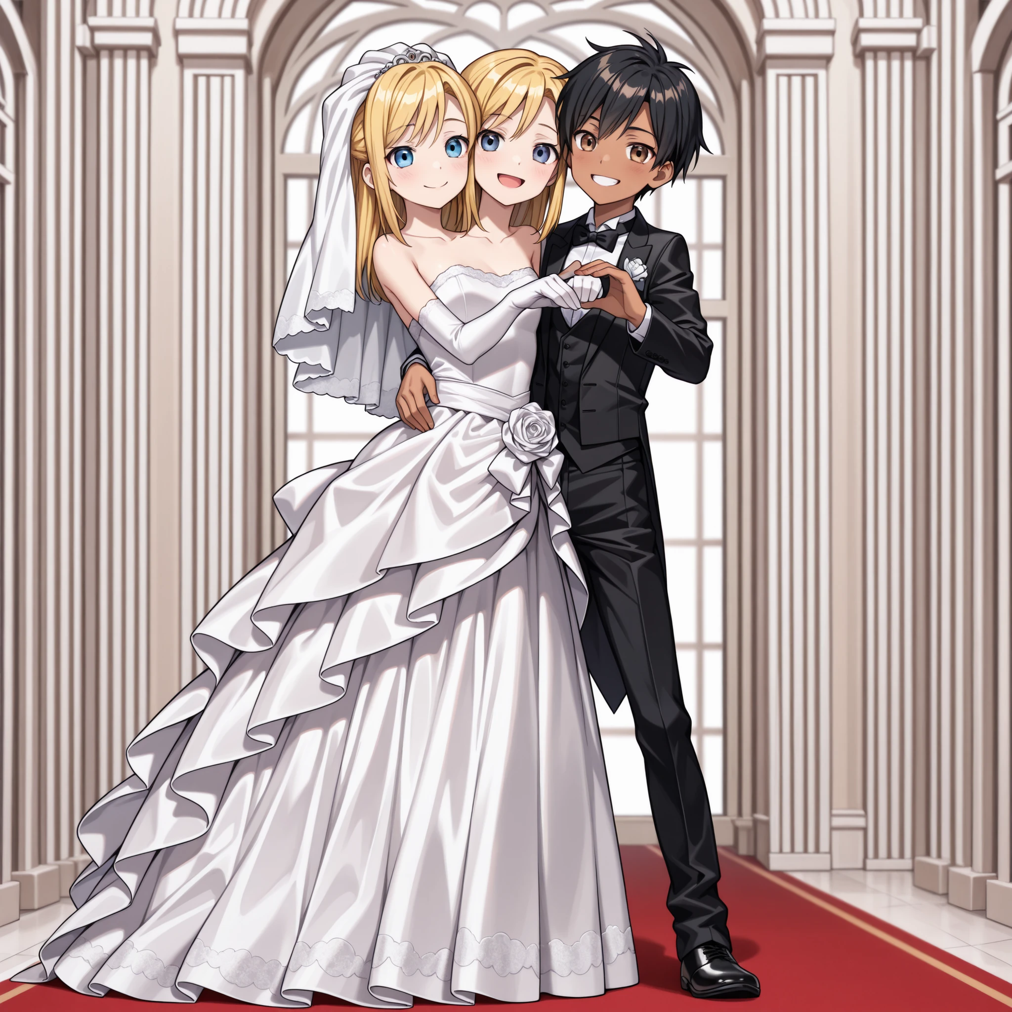 anime, (young man with (black hair, brown eyes, dark skin, smiling, wedding tuxedo)) and (young woman with (two heads, blond hair, blue eyes, wedding dress)), two people standing next to each other, couple pose, smiling, happy, love, wedding