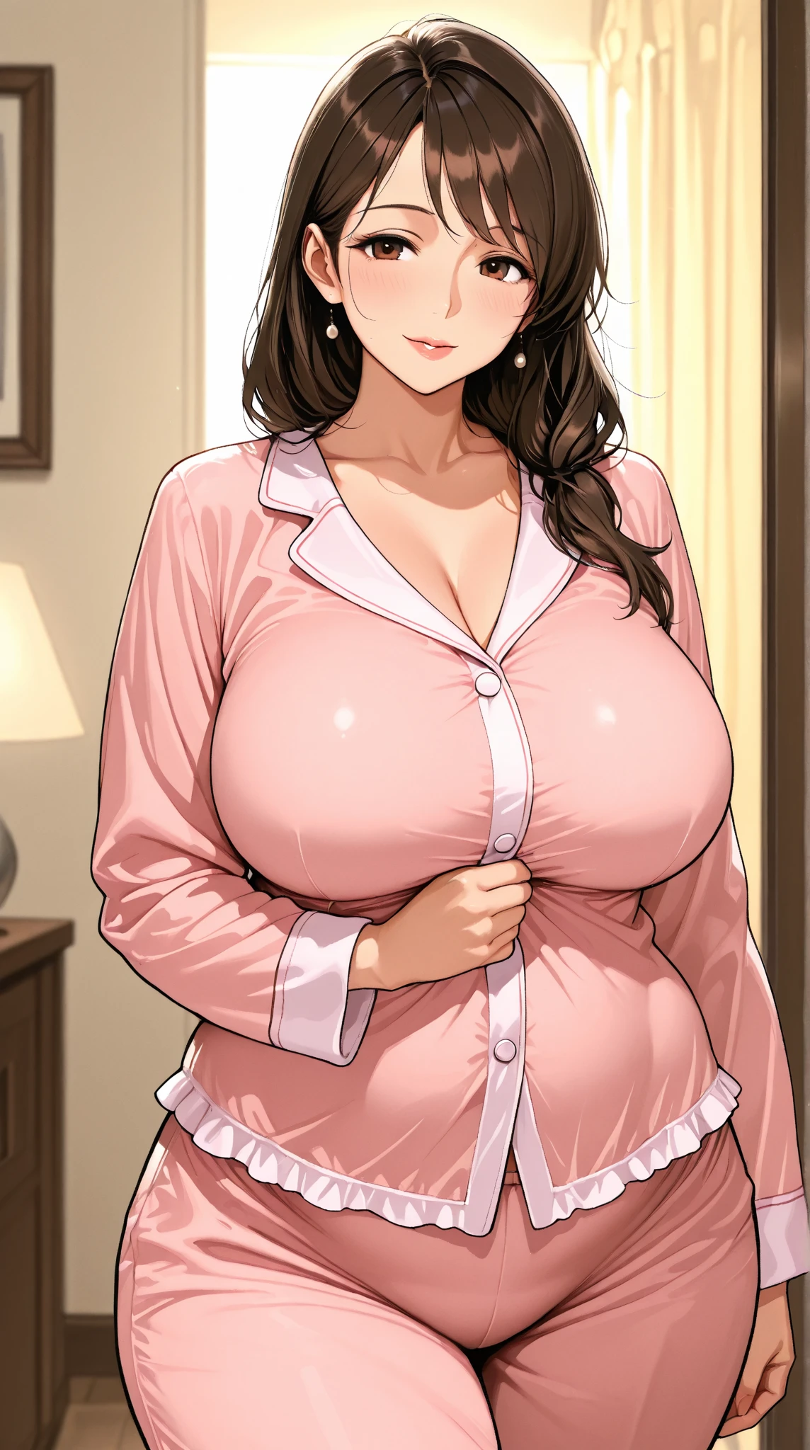  quality_Masterpiece，HD，is technically correct，a woman（Married women，40 years old，middle aged，Milfs，Good posture  ，  beautiful and beautiful  ，has exquisite facial features，brunette，brown eyes，big chest， wide hips ，Plump，Charming and alluring ，pajamas）top-H，HD