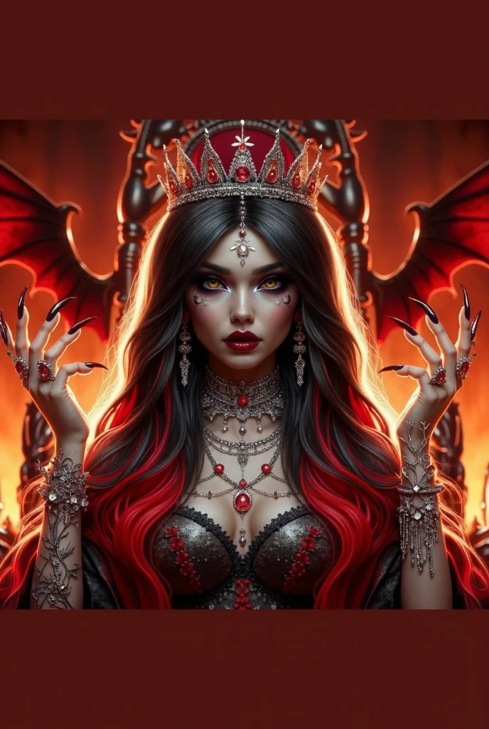 Arafed a dark glamour picture of the queen of demons in the halls of hell, full body shot, a demons queen magnificent and full of awe, black hair, long hair, flowing hair, bold intense eyes, extremely exquisite beautiful queen, perfect body, (anatomically correct: 1.3), ultra feminine, ultra detailed face, black lips, fiery glowing eyes, (demonic horns from head: 1.1) , (red skin: 1.3), dynamic angle, there is (golden crown on her head: 1.1), studded with diamonds and rubies, the hall of the queen of hell background, (masterpiece: 1.4) intense details, highly detailed, photorealistic, best quality, highres,16k, [ultra detailed], masterpiece, best quality, (extremely detailed), close up, ultra wide shot, photorealistic, RAW, fantasy art, dnd art, fantasy art, realistic art,((best quality)), ((masterpiece)), (detailed: 1.5) faize, intense gaze