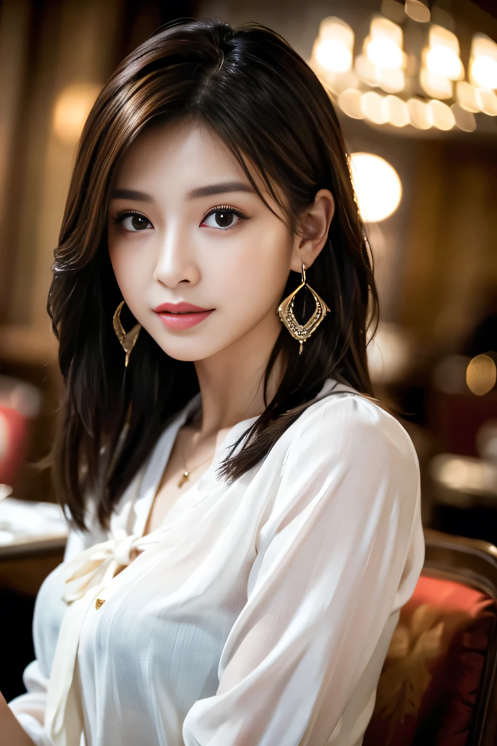 masterpiece, highest quality, Realistic, Very detailed, Finer details, High resolution, 8k wallpaper, One beautiful woman, Wear a dark purple see-through shirt, In a great restaurant, At night, Light brown messy hair, Perfect dynamic composition, Beautiful and beautiful eyes、Big earrings