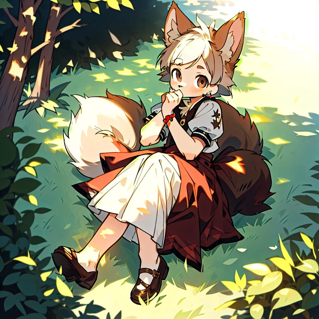 Big fox ears, at a park, milk comes out of small breats, poop comes out of anus