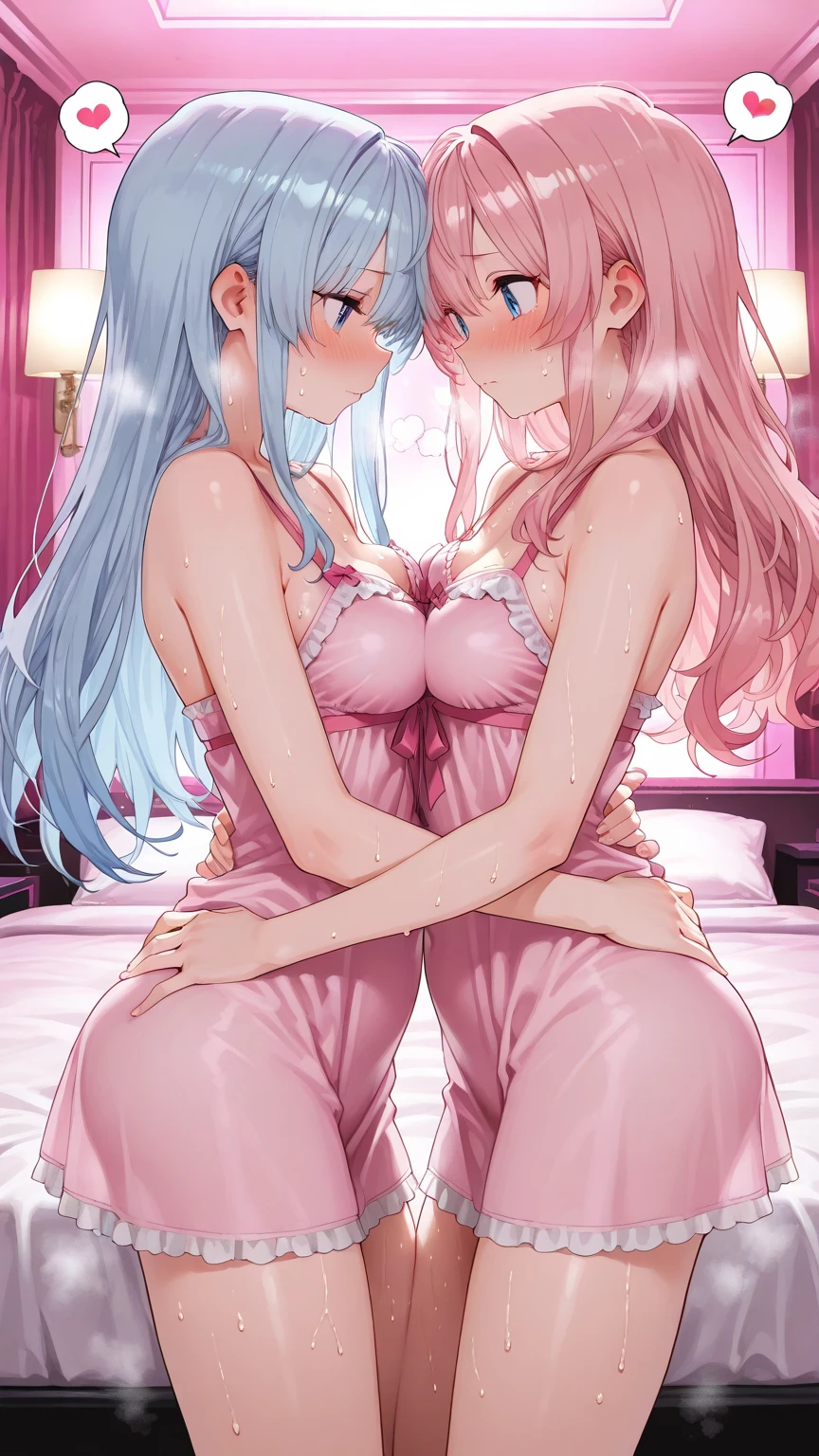 2girls,A pink-haired,long whitr hair,mediuml breasts,比基尼,Breast collision,Light panties,The inner thighs fit snugly