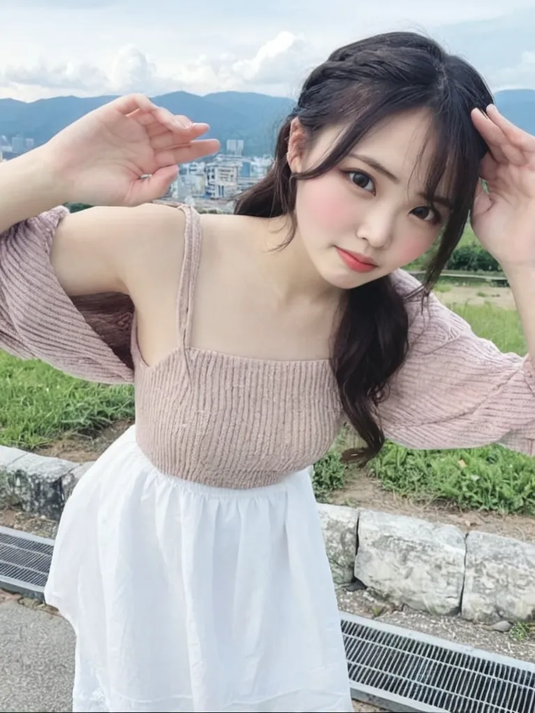 Highest image quality、4K、8K、best quality、perfect and dynamic composition、Sitting on a bench in a park with cherry blossoms in full bloom(woman、big breasts、G cup、beautiful chest、20-year-old、Japanese、white skin、Brown Short Bob Hair、Wet hair、She is wearing a light pink knit dress、I&#39;m embarrassed)
