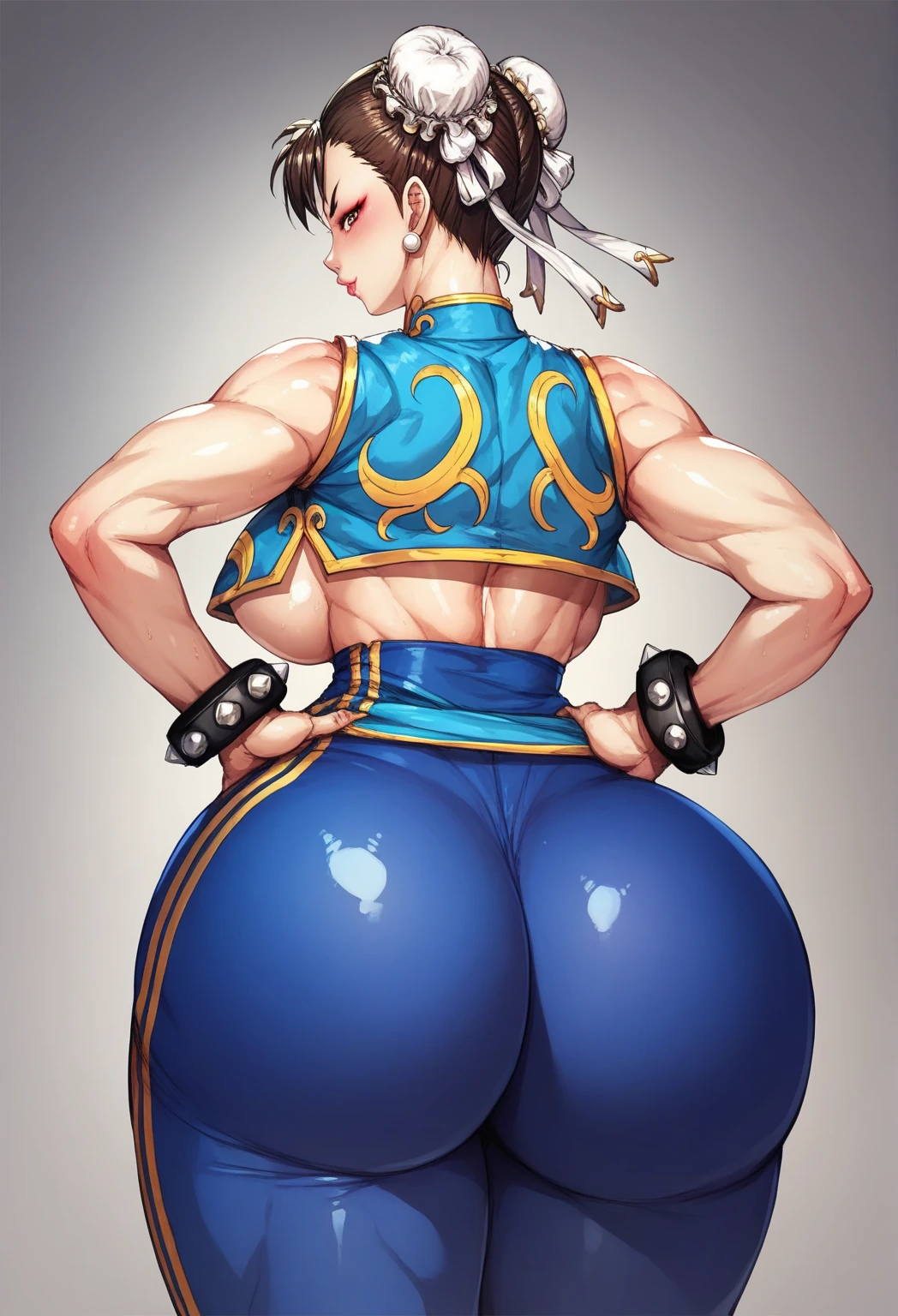 (high resolution, pixel perfect, gorgeous illustrations), (hyper quality, muste piece, etheric: 1.4), (((1girl))), (((((grabbing own ass))))), tattoo, mature woman, cool atmosphere, ((((very short hair)))), black hair, ((((clear face)))), (((blush))), (((((((muscular))))))), ((thick thighs)), (((wide hips))), ((Big breasts that are about to burst)), fighter, (((woman))), ((((wh_chi_armor)))), ((((leotard)))), lewd woman, (shiny skin), sweat, simple background,