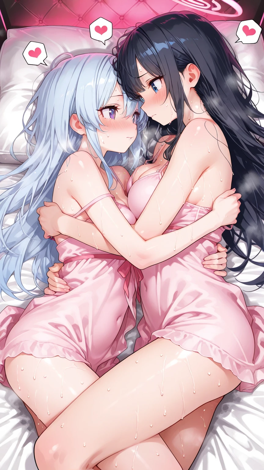 Japanese style，Colorful hair，White transparent bikini，Dark Skin，Sexy Girl，Blushing shyness，Random hair，Huge breasts，Huge ass，Lying in bed，Two girls looking at each other on the bed，Rain，barefoot，Show your armpits