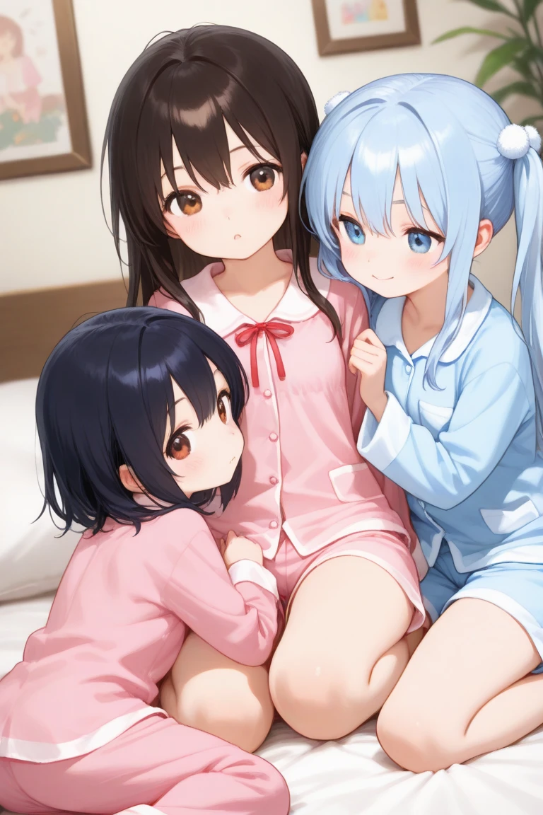 ((Highest quality)), ((masterpiece)), (detailed),Perfect Face,Strong light from the front,With front light,A group of nurses sitting on a hospital bed with no underwear on, legs apart and labia exposed,