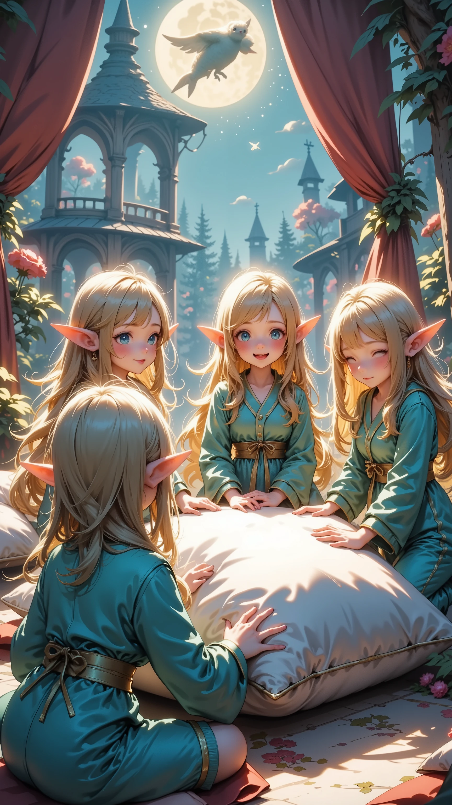 pajama party,pillow,elfs,high quality,detailed,colorful,fantasy scene,whimsical,adorable,cozy,magical,soft lighting,dreamlike,vibrant colors,digital painting