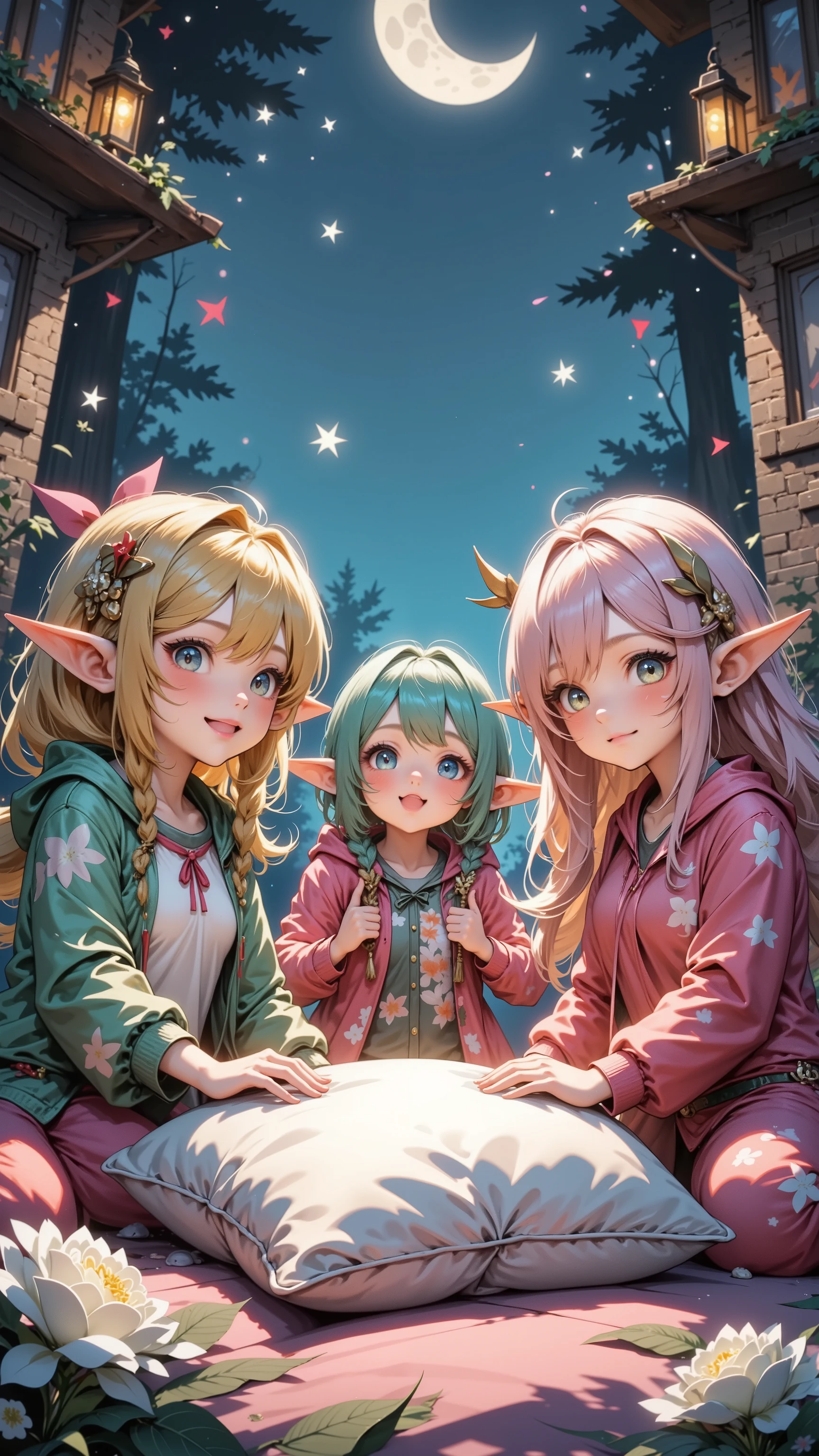 pajama party,pillow,elfs,high quality,detailed,colorful,fantasy scene,whimsical,adorable,cozy,magical,soft lighting,dreamlike,vibrant colors,digital painting