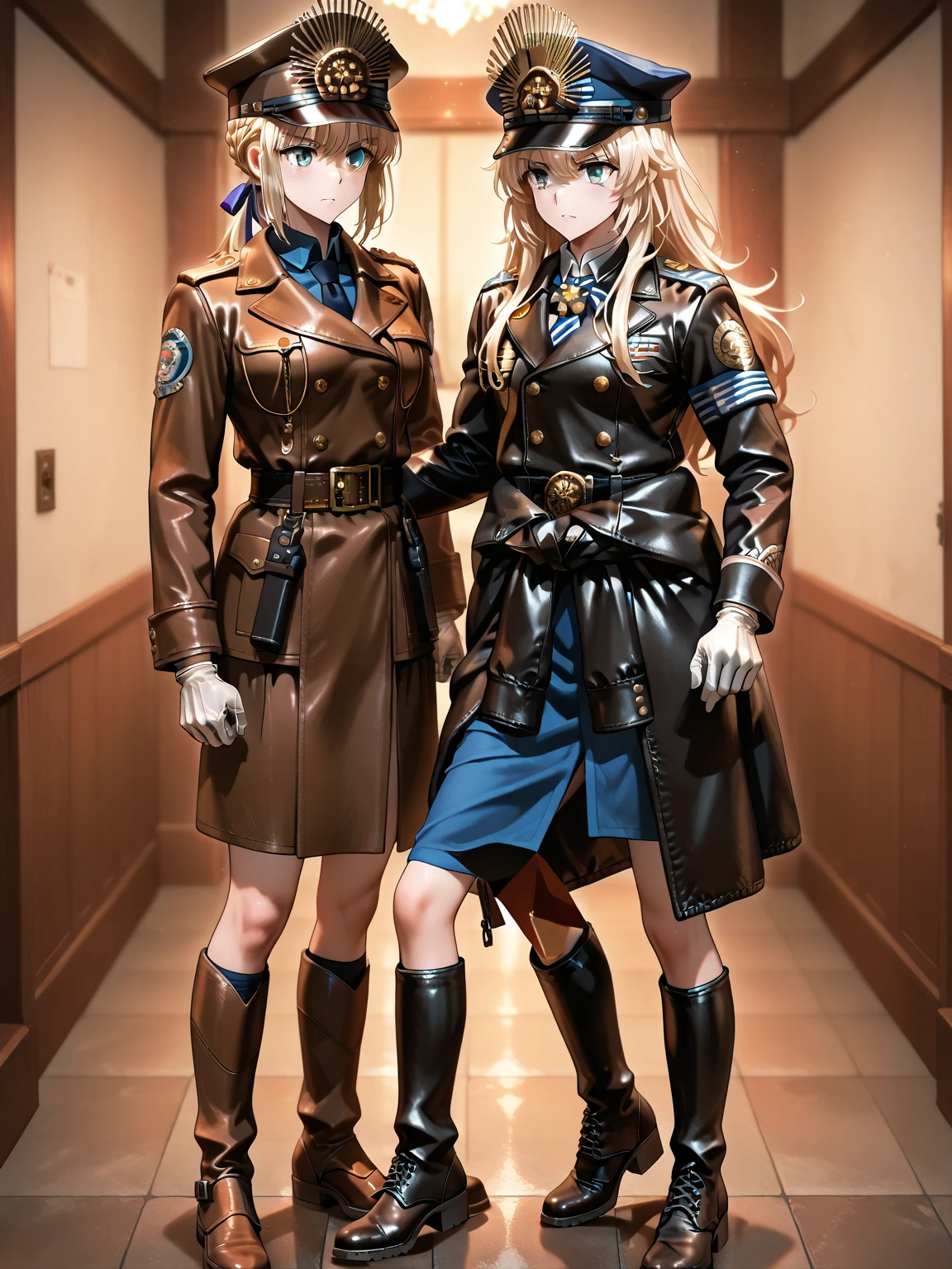 Lonely young girl, Tall stature, little chest, Slavic appearance: Green eyes; blond hair; sharp facial features; Straight nose; pronounced high cheekbones, stands upright, military uniform: gray double-breasted overcoat; gray pants, full length, max detail, Masterpiece quality, black leather gloves, in the middle of the street, Background: Stone paved road with European stone houses of the first half of the 20th century, High quality shadows, High quality of light, High quality clothing.