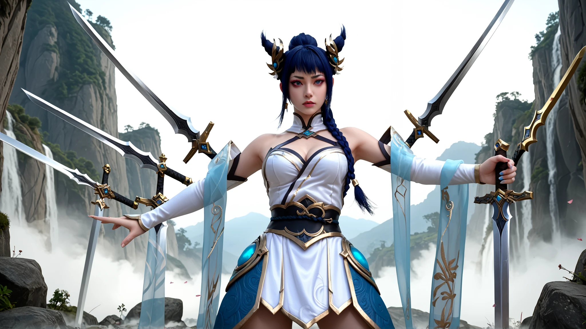 amazing quality, girl standing in attack position with swords around, Vietnamese, IreliaDivineSPXL, The face of Juri Khan, blue eyes, blue hair, long hair, ponytail, twin braid, bangs, hair ornament, big breasts, bare shoulders, cleavage, white dress, detached sleeves, white sleeves, skirt, Multiple swords, 6 swords standing in the air, Gold Embroidered Sword, multicolored sword, gradient sword