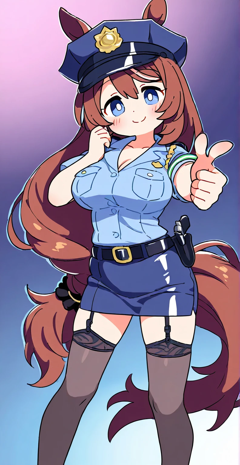 cubedcoconut, best quality, sinder, looking at viewer, hand on hip, closed mouth, 1girl, yellow eyes, wolf girl, (fiery hair:1.3), long brown two-toned and streaked hair+swept bangs and sidelocks, fiery wolf ears and flame-tipped wolf tail, ear piercing, large breasts, collarbone, collared shirt, jewelry, necktie, school uniform, (blue shirt:1.3), skirt, sleeves rolled up, nails, black nail polish, black pencil skirt+skirt slit, thighs, asymmetrical legwear:fishnets thighhighs+black thighhighs, thigh strap, legwear garter, finely detailed background, amazing background