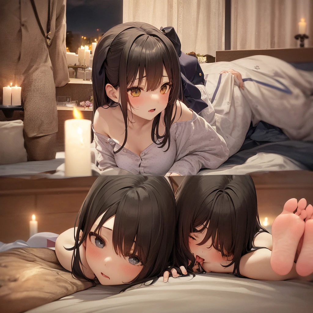 一人のCat ear girl,Close-up of face,Young Girl,Young,Lying with my whole body spread out on the soft bed,Laying my head on the pillow,Sleeping with the left side facing down,Sleeping with both eyes closed,So close you can hear me breathing,Fireworks Night, Yukata, A huge fireworks falling from the sky, visible from both windows behind me,Cat ear girl, delicate design, Bright colors, detailed character design, Soft light and shadow, Cat's Tail, Cat print yukata, Fireworks in the night sky, Face illuminated by light, Characters stand out, The background is blurred, The focus is on the characters, Sharp details, Dim light at night,Dimly lit room