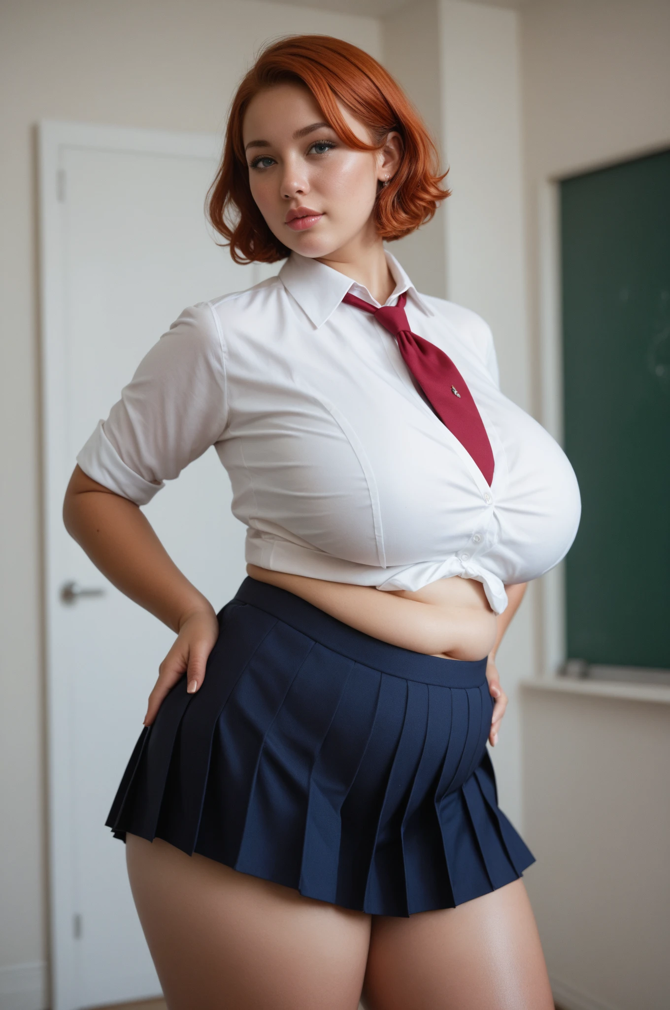 masterpiece, (photorealistic), (8k wallpaper) , (best quality), perfect quality, solo, (detailed eyes:0.9), girl, red short curvy hair, very young, face : (very young, European, very beautiful face, plump face, young). figure : (very full figure, curvy, very chubby, love handles, muffin top, very soft, very thick,  big breasts, sexy, sexy pose, fat thighs). clothes: ( short miniskirt, very tight school uniform, ripped tights, fishnet ).