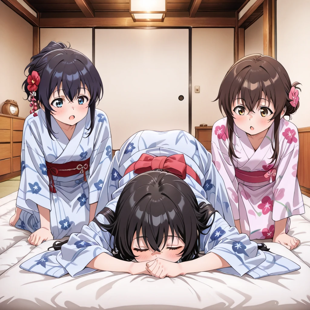 A kotatsu in the middle of the desert、Four girls undressing at the kotatsu、A girl in pretty pink underwear、Girl undressing