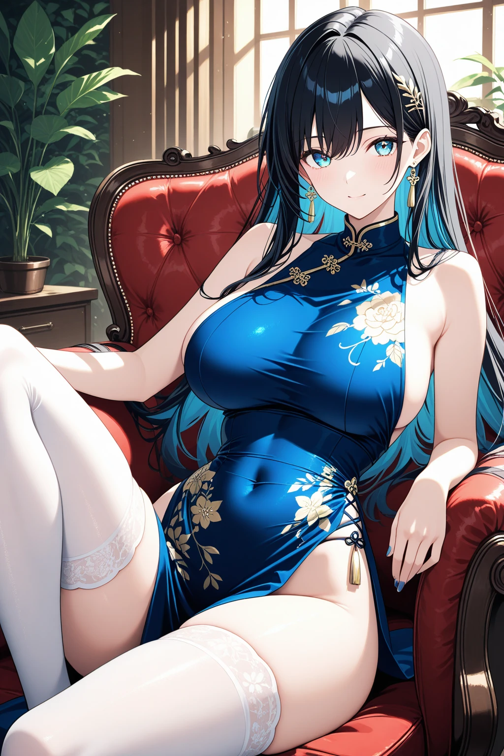 Sexy seductive lady, 30 years old, peach blossom eyes, smoky makeup, silk high-forked cheongsam, stiletto heels, (bare legs), provocative expression, sitting on a throne, striped hair, black hair, moles under the eyes, makeup, anime style, seductive smile, kinky smile, chinese court, chinese feeling, lantern, chinese knot, uhq, masterpiece, , 8k, best quality, ccurate, anatomically correct, highly detailed character, stiletto heels, bare legs, rounded smooth bare legs, (8k, original photo, best quality, Masterpiece,,:1.2),((character)concept art),Full body concept,fine details,Screen center,