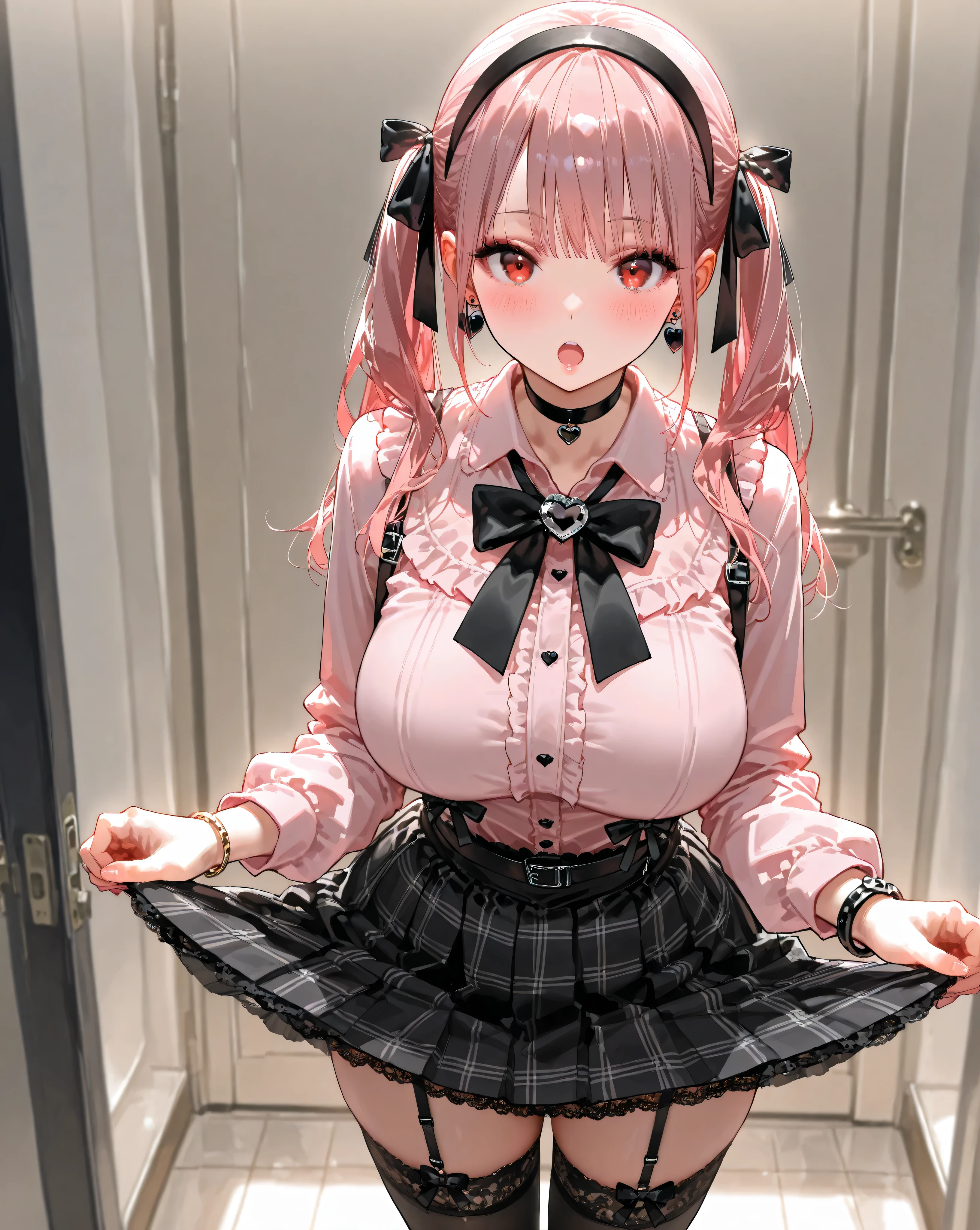1girl,solo,long hair,looking at viewer,blush,open mouth,large breasts,long sleeves,red eyes,jewelry,twintails,standing,pink hair,pleated skirt,frills,hairband,collared shirt,black thighhighs:o,bracelet,black bow,black ribbon,black choker,makeup,plaid skirt,garter straps,lace trim,black bowtie,heart earrings,jirai kei,skirt lift