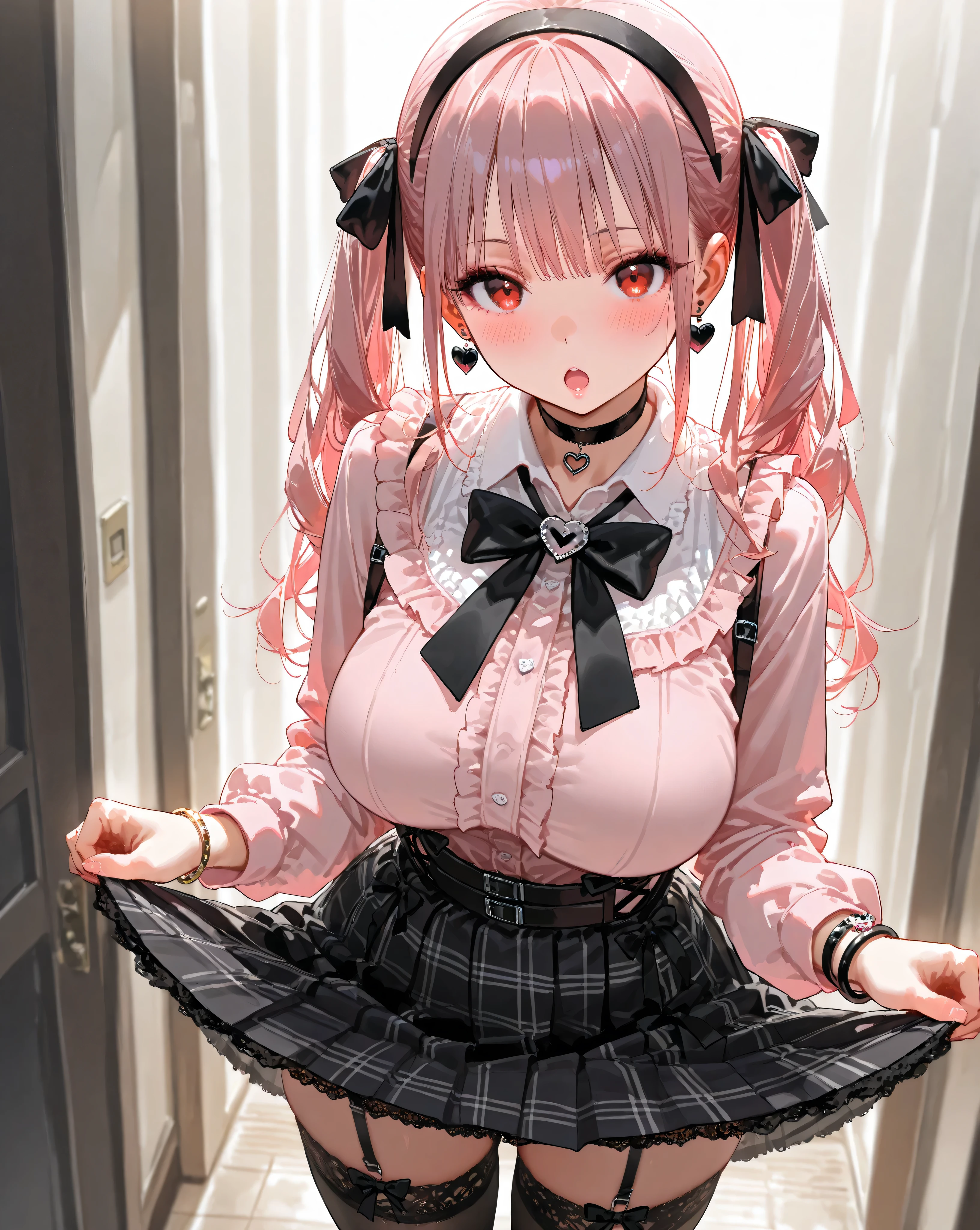 1girl,solo,long hair,looking at viewer,blush,open mouth,large breasts,long sleeves,red eyes,jewelry,twintails,standing,pink hair,pleated skirt,frills,hairband,collared shirt,black thighhighs:o,bracelet,black bow,black ribbon,black choker,makeup,plaid skirt,garter straps,lace trim,black bowtie,heart earrings,jirai kei,skirt lift