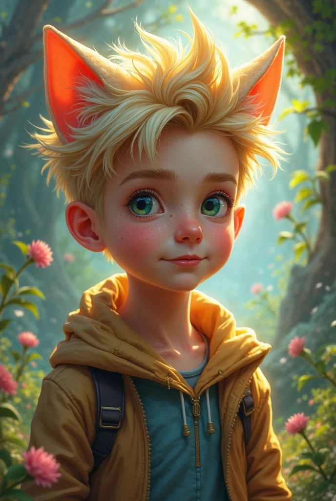 18 year old adult, blond boy with blue eyes and wolf ears