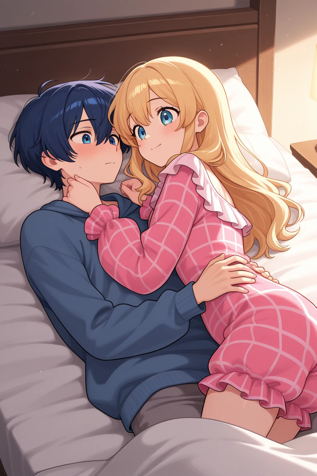 an adult girl, Blonde, blue eyes, loose hair, lying in her bed with a somewhat sick face, in pink full body pajamas, There is an adult boy next to her sitting on the bed to take care of her., black hair