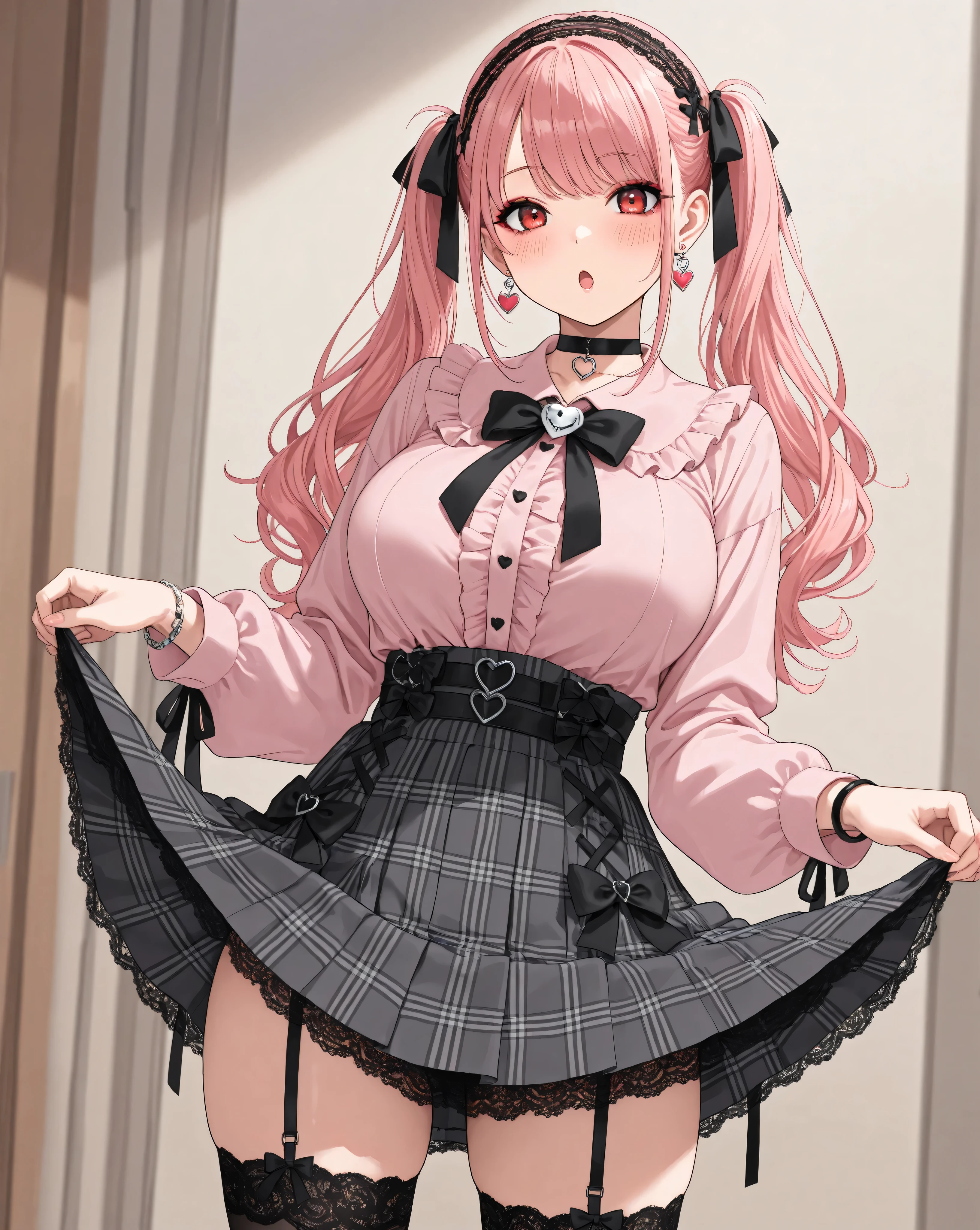 1girl,solo,long hair,looking at viewer,blush,open mouth,large breasts,long sleeves,red eyes,jewelry,twintails,standing,pink hair,pleated skirt,frills,hairband,collared shirt,black thighhighs:o,bracelet,black bow,black ribbon,black choker,makeup,plaid skirt,garter straps,lace trim,black bowtie,heart earrings,jirai kei,skirt lift