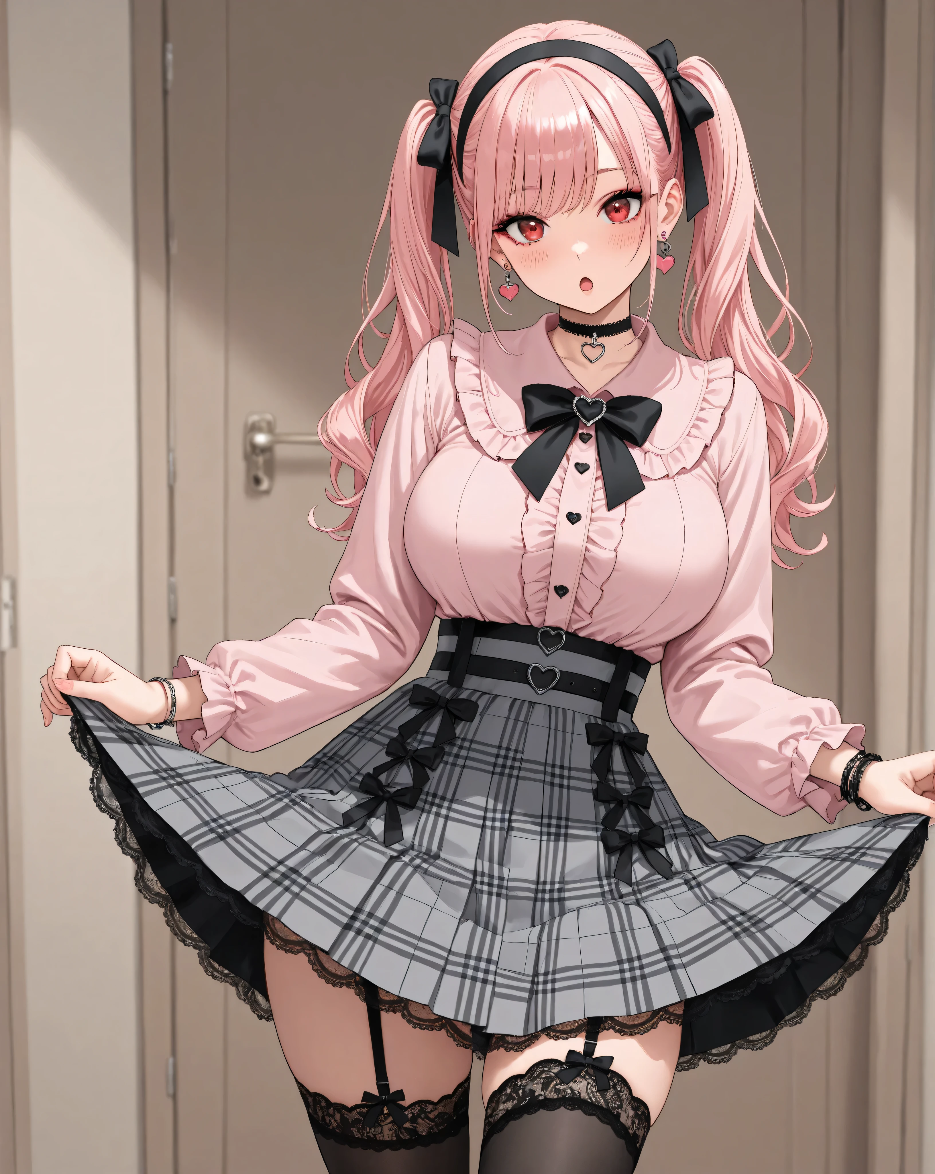 1girl,solo,long hair,looking at viewer,blush,open mouth,large breasts,long sleeves,red eyes,jewelry,twintails,standing,pink hair,pleated skirt,frills,hairband,collared shirt,black thighhighs:o,bracelet,black bow,black ribbon,black choker,makeup,plaid skirt,garter straps,lace trim,black bowtie,heart earrings,jirai kei,skirt lift