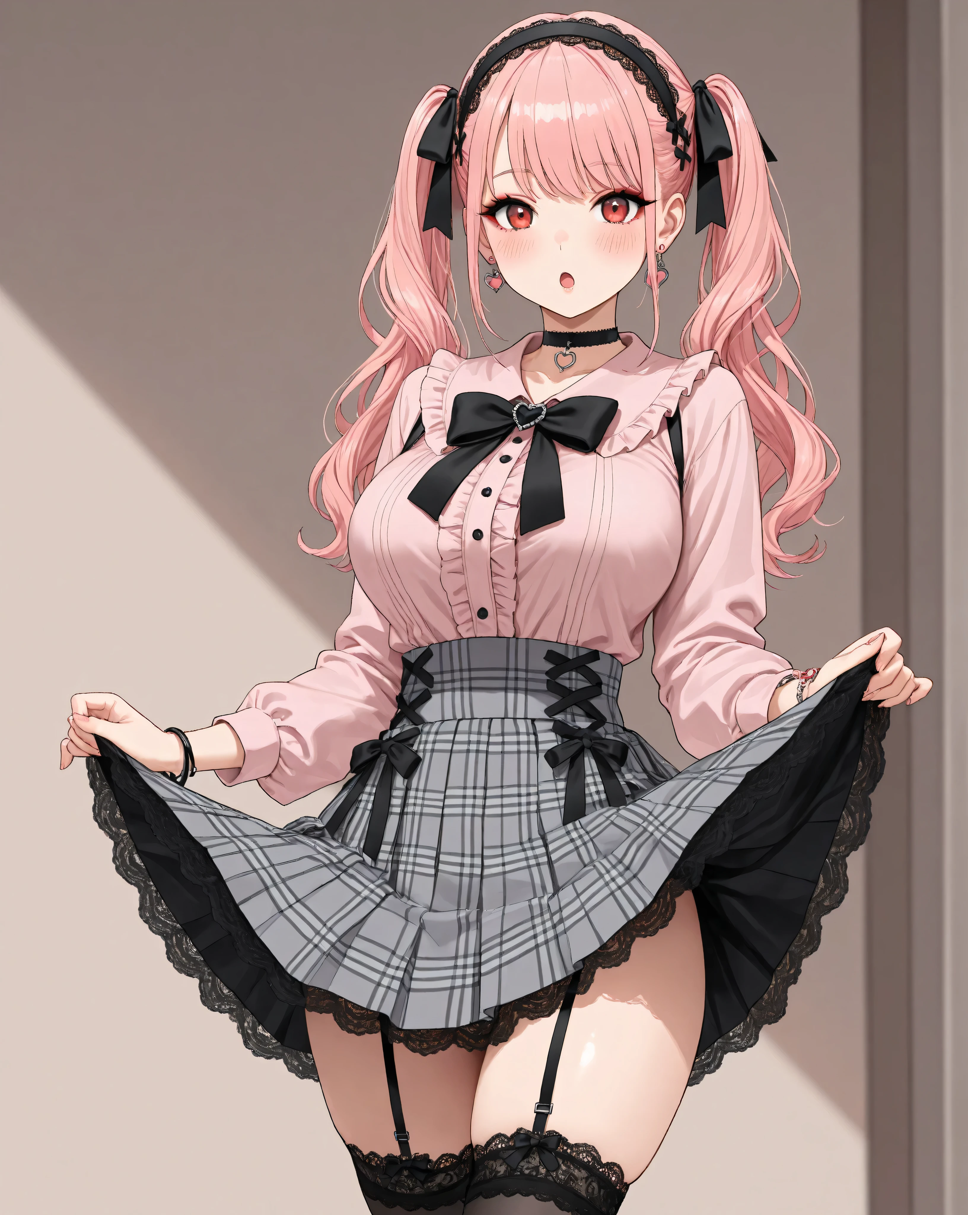 1girl,solo,long hair,looking at viewer,blush,open mouth,large breasts,long sleeves,red eyes,jewelry,twintails,standing,pink hair,pleated skirt,frills,hairband,collared shirt,black thighhighs:o,bracelet,black bow,black ribbon,black choker,makeup,plaid skirt,garter straps,lace trim,black bowtie,heart earrings,jirai kei,skirt lift