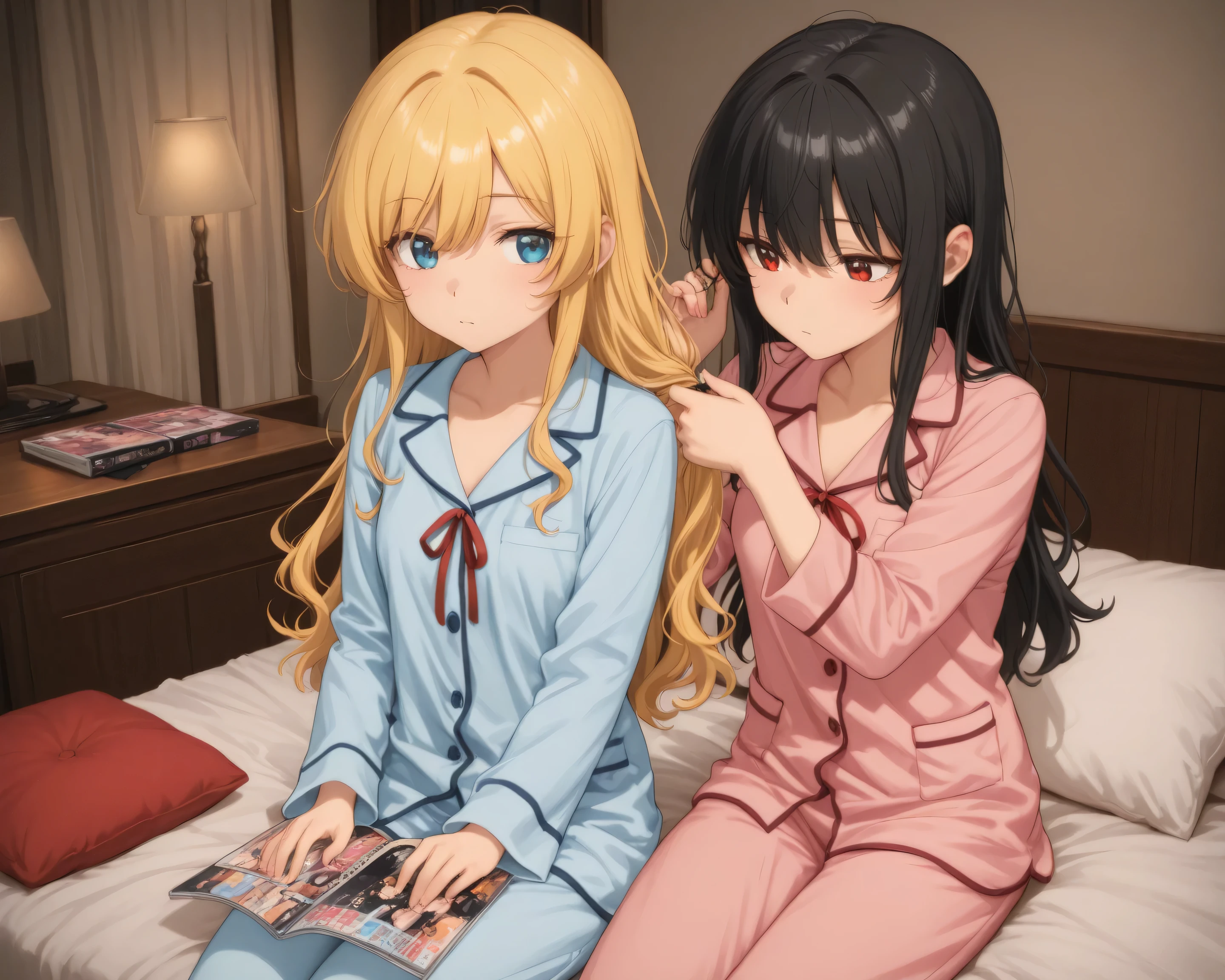 anime style　Blonde　long hair　lightly wavy　I'm tying my hair with a red ribbon　light blue pajamas　sitting on a bed　I'm holding a cushion on my chest　next to the woman's face is slightly burning　Black Haired Girl　 pink pajamas　has a red face　adult magazines are open on the bed　Two people staring at magazines