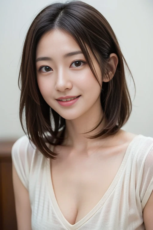 (RAW Photos), (Photorealistic), (masterpiece), (Highest quality), High resolution, 8K, (Intricate details), (Volumetric light), Portraiture, woman, 22 years old, short hair, Straight hair , Layered Hair, Brown Hair, Very beautiful eyes, Source order, Very thin eyebrows, Very fine skin, Very beautiful mouth, Very nice nose, Cute like an idol, Smile, ((Thick lips)), (Looking at the audience ), (Elegant blouse),Cleavage、bra、Large Breasts、