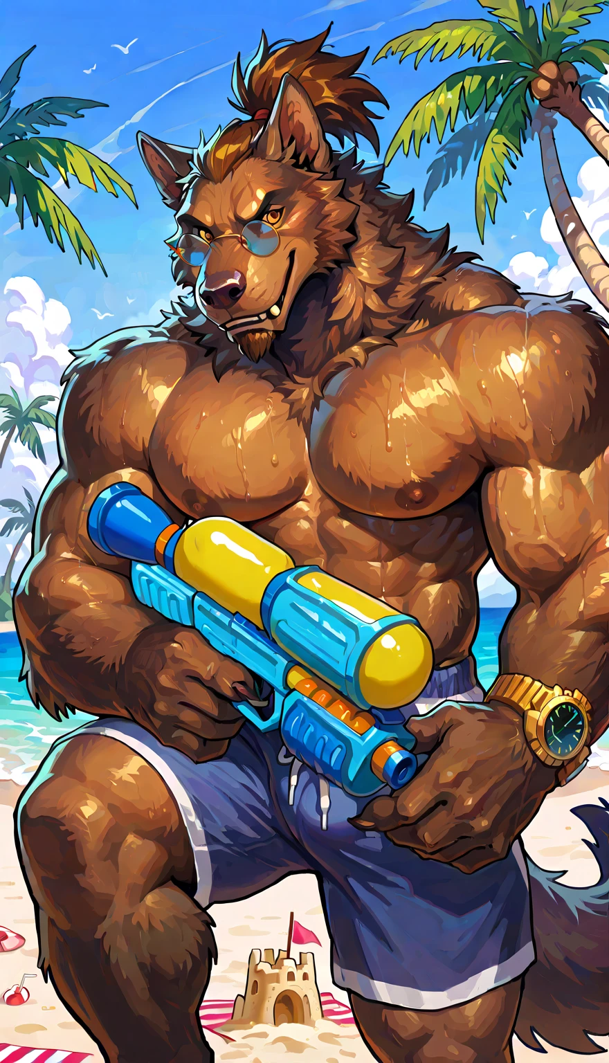 solo, 1boy, Huge Muscular Old Grizzly Bear wearing sunglasses, pectoral, huge pectoral, wide pectoral, short white hair, black competitive briefs short black wristbands and shirtless topless, bearded, Moustache, surf board, background, masterpiece, high detailed, 8k, high resolution, at the ocean, surfing the waves, riding on a surfboard,