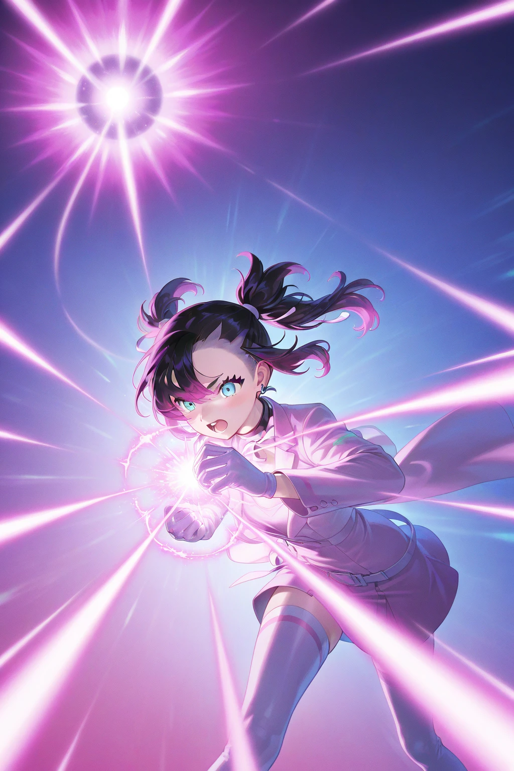 "A young girl stands before a shimmering portal, her hand outstretched tentatively. The portal crackles with energy, swirling colors of blue and purple enticingly. She takes a deep breath, her eyes wide with excitement and a hint of fear, before stepping forward courageously, disappearing into the unknown."