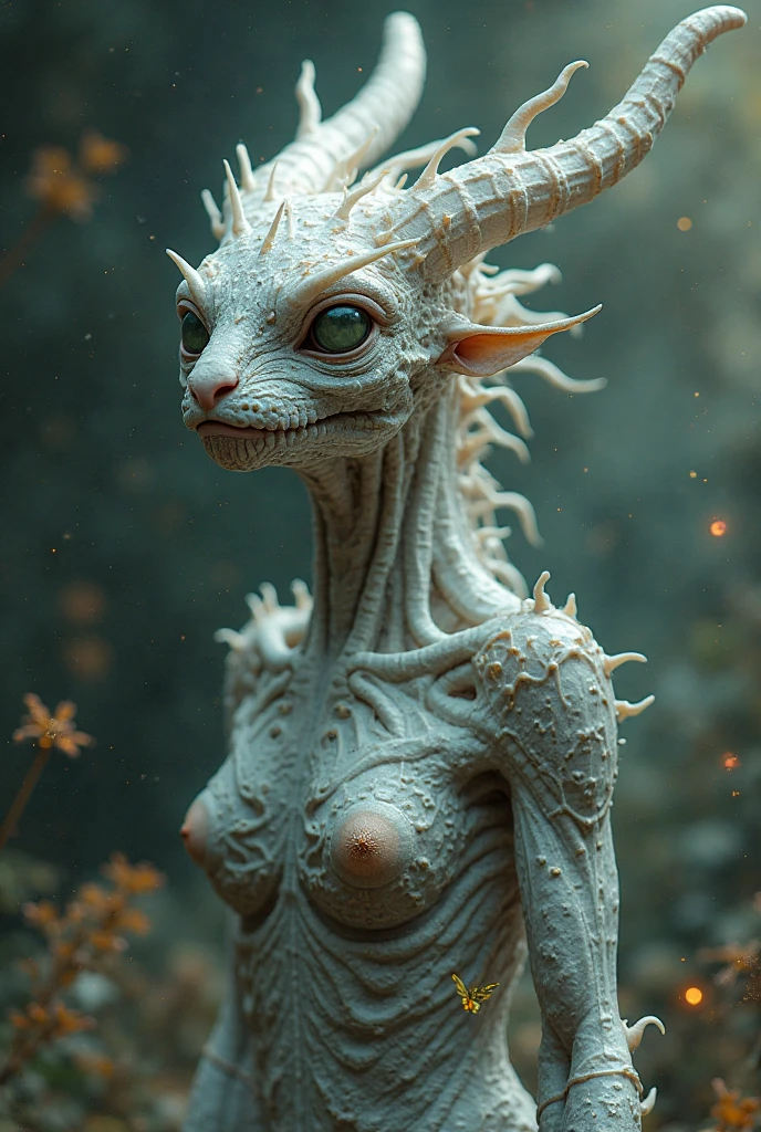 person with Earth type face, Lotus eye, medium mouth size, fine silky straight long hair, forehead with downward pointed hair line, wide forehead, normal low set brow bones, High eyebrows, eyebrows with tails pointed upwards, widely set eyebrows, eyebrows thick at start, long thick eyelashes, perfectly spaced eyes, dark brown eyes, shiny eyes, big eyes, tip of ears higher than eyebrows, upper portion of ears is pressed inside horizontally, large ears, round and big ear tips, ears with big holes, long earlobes, naked ,long fangs, small cute nipples, füll Body , fully naked, snake skin