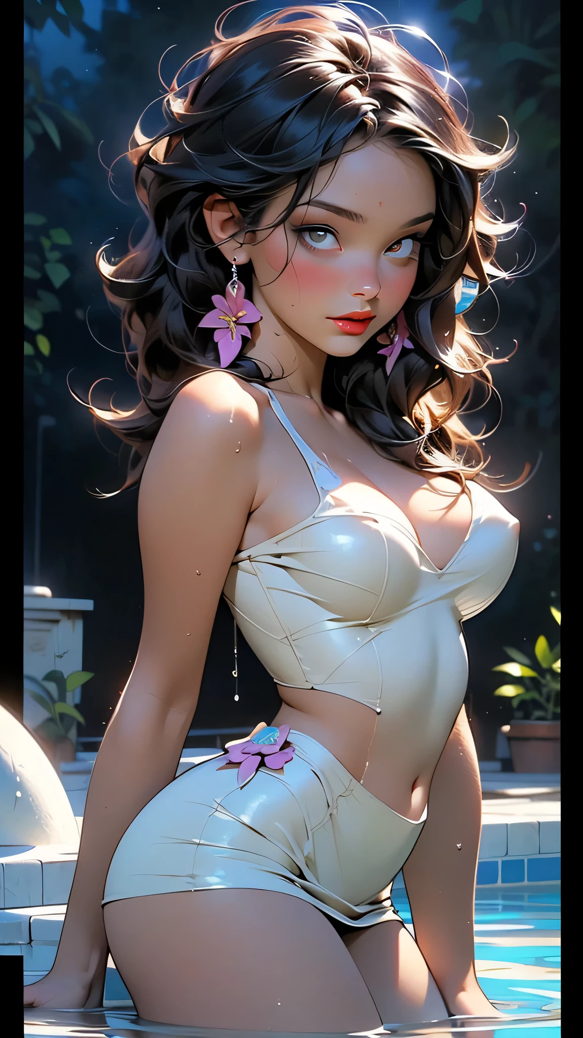 1 girl in, only, ((ultra detaild, 8K, High definition, best qualityer, work of art)) meru, (wearing no shirt:1.3), ( detailed tight decorated Maid ), chest neckline, thick-thighs, Broad Hips, big-ass, breasts big, bedroom background, (red blush:1.3), Opening legs, (curved body: 1.4), seductive look on the face, heart-shaped pupils