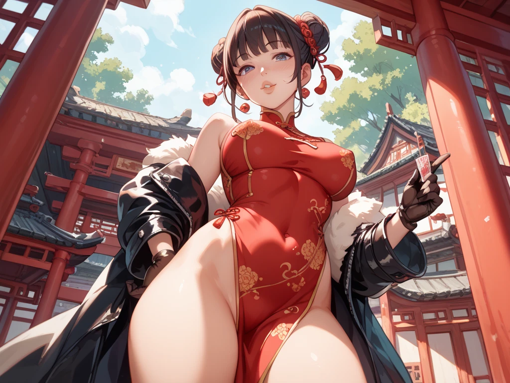 ((high reasterpiece), perfect anatomy, perfect shading, field of depth, (best quality), extremely delicate and beautiful, perfect lighting, detailed face, ultra cute face, cute, (cowboy shot 1.2), looking at viewer, full body, ((1girl)), ((solo)), short hair, fluffy hair, brown hair, hair decoration, green eye, ((blush)), nervous ((red chinese split dress 1.2)), extremely tight dress, thigh highs, medium breasts, cleavage, perky breasts, (((wide hips))), ((thick thighs)), (chubby), chubby belly, fat rolls, belly hang, street, town, chinese festival, night time, intricate background, detailed background, standing, (huge belly:1.3)