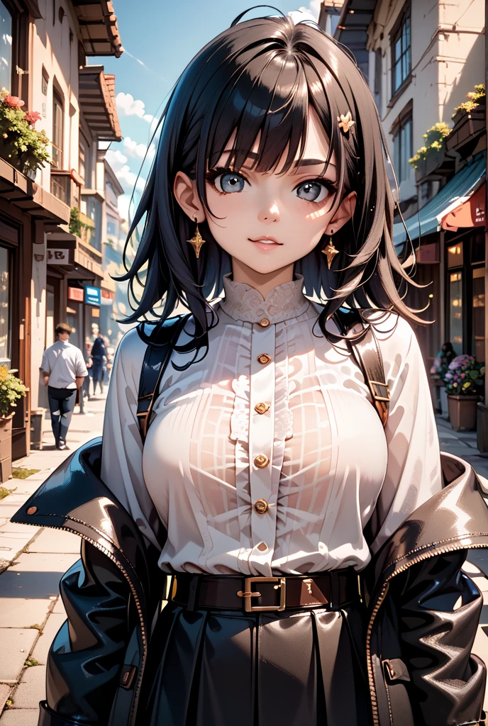CG K Ultrarealistic ,((premium、8k、32K、masterpiece、NffSW:1.3)), (superfine illustration)、(super high resolution), (((adult body))), (masterpiece, Best Quality:1.2),a beautiful girl,Skin details processing..,The eyes are finely described..,delicate hair,long wavy hair,long light hair,She has a big bow on her head.,black sweater,white dots,Skirt,green,clean background